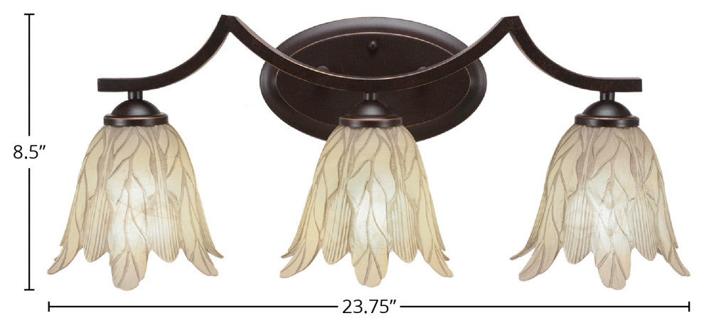 Zilo 3-Light Bath Bar, Dark Granite Finish With 7" Vanilla Leaf Glass