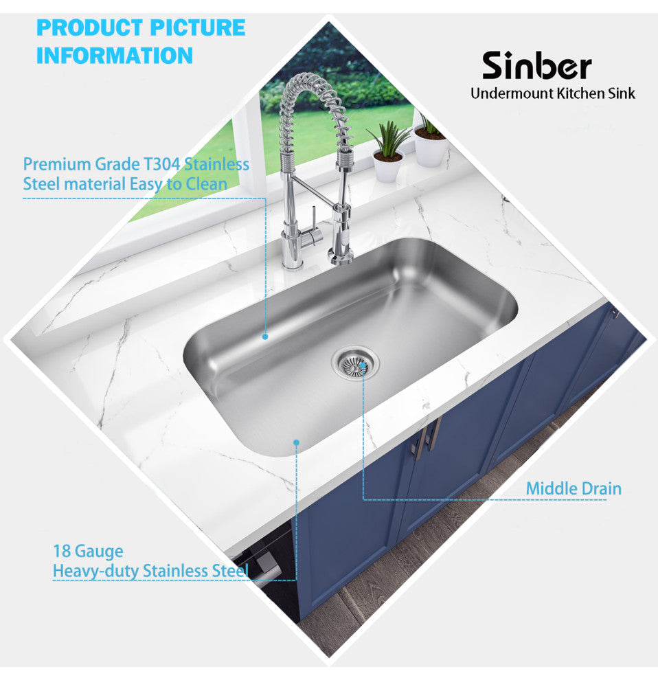 Sinber 30" Undermount Single Bowl 304 Stainless Steel Kitchen Sink