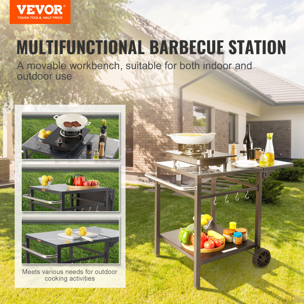 VEVOR Outdoor Grill Dining Cart Double-Shelf BBQ Movable Food Prep Trolley Patio