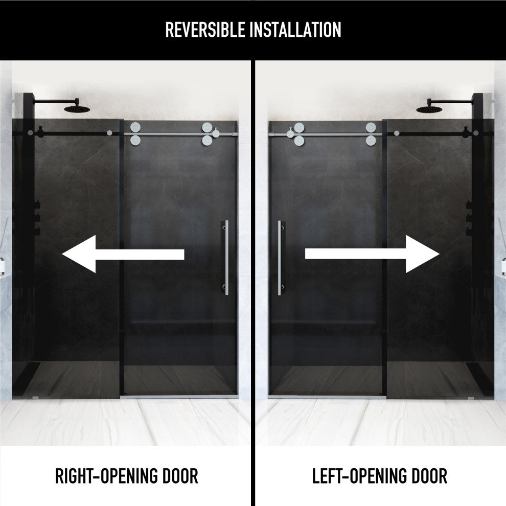 VIGO Elan 68" to 72" W x 74" H Frameless Sliding Shower Door, Stainless Steel, Black Tint Glass