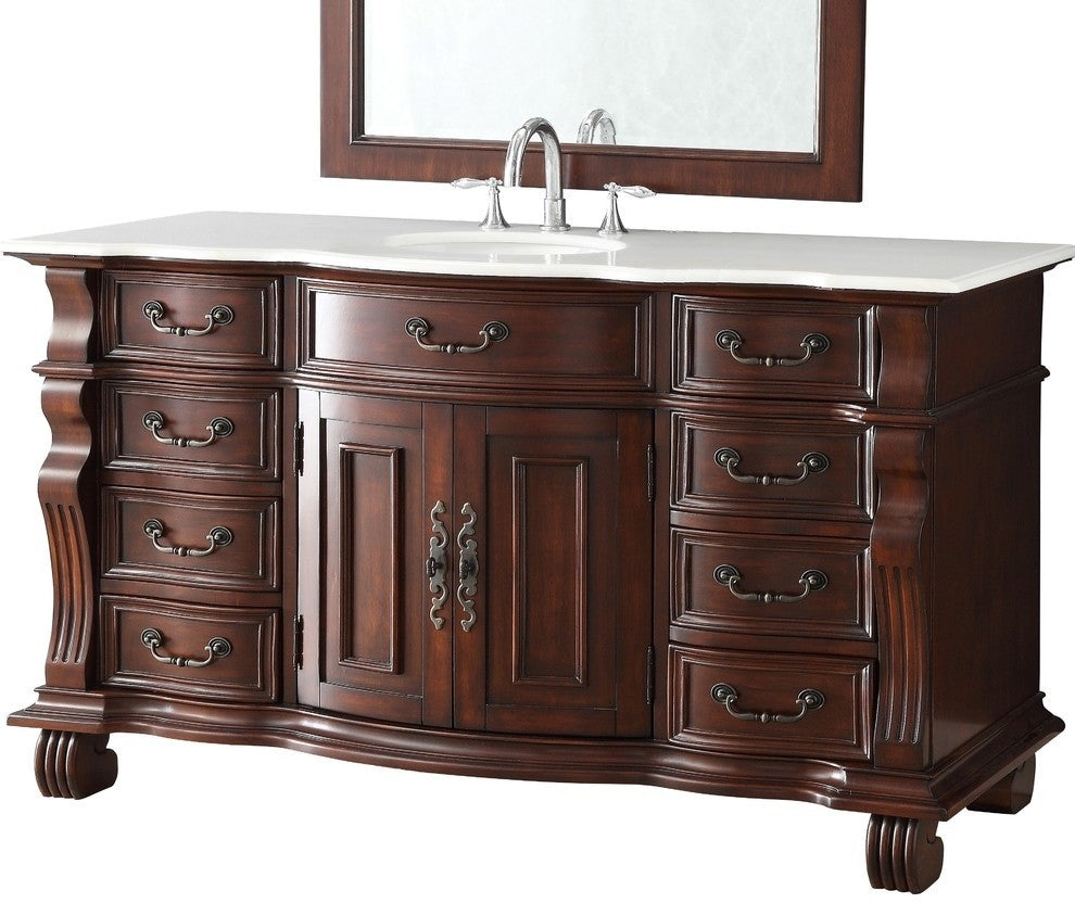 60 inch Cherry Wood Hopkinton Bathroom Sink Vanity White Marble Top