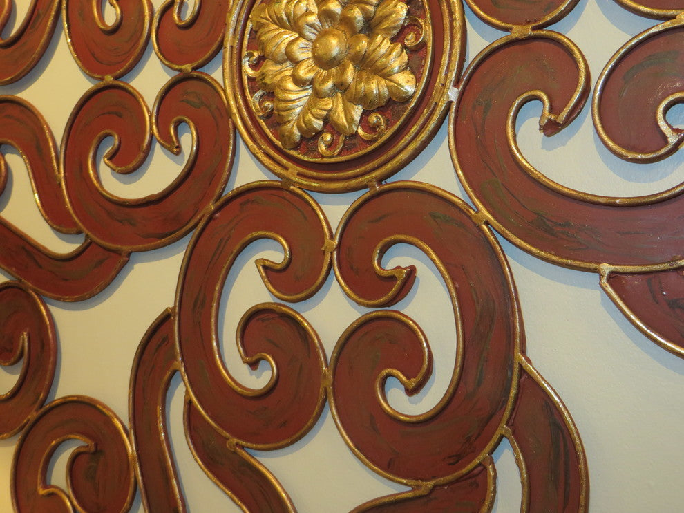 50" Oversize Dark Red Scroll Wall Medallion, Round Art Metal Iron Swirl