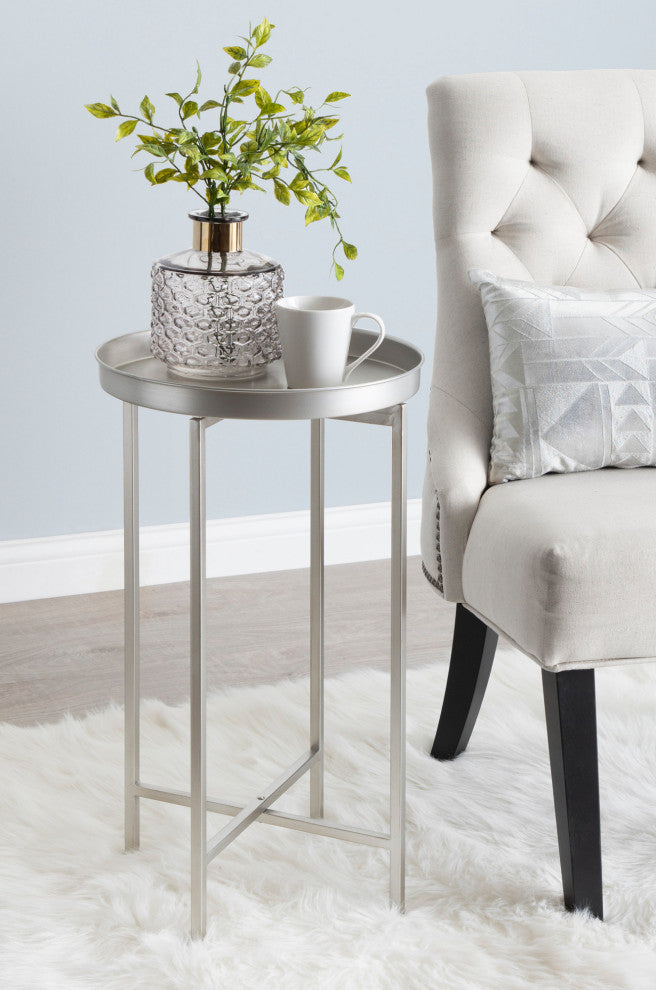 Celia Round Metal Foldable Tray Accent Table, Silver 14x14x25.75