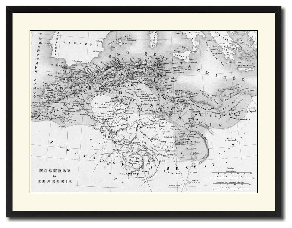North Africa Barbary Coast Vintage B&W Map Canvas Print, 28"x37"