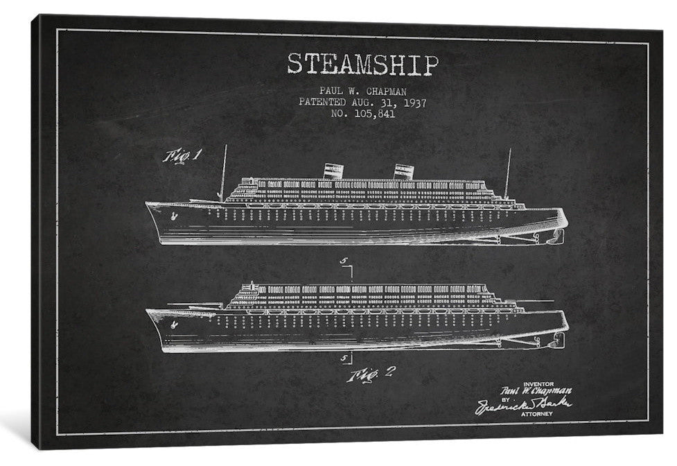 "Steamship Charcoal Patent Blueprint" by Aged Pixel, 18x12x1.5