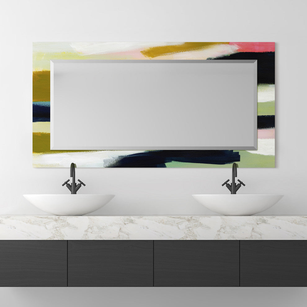 "Sunder" Beveled Mirror on Printed Abstarct Tempered Art Glass, 54x28"
