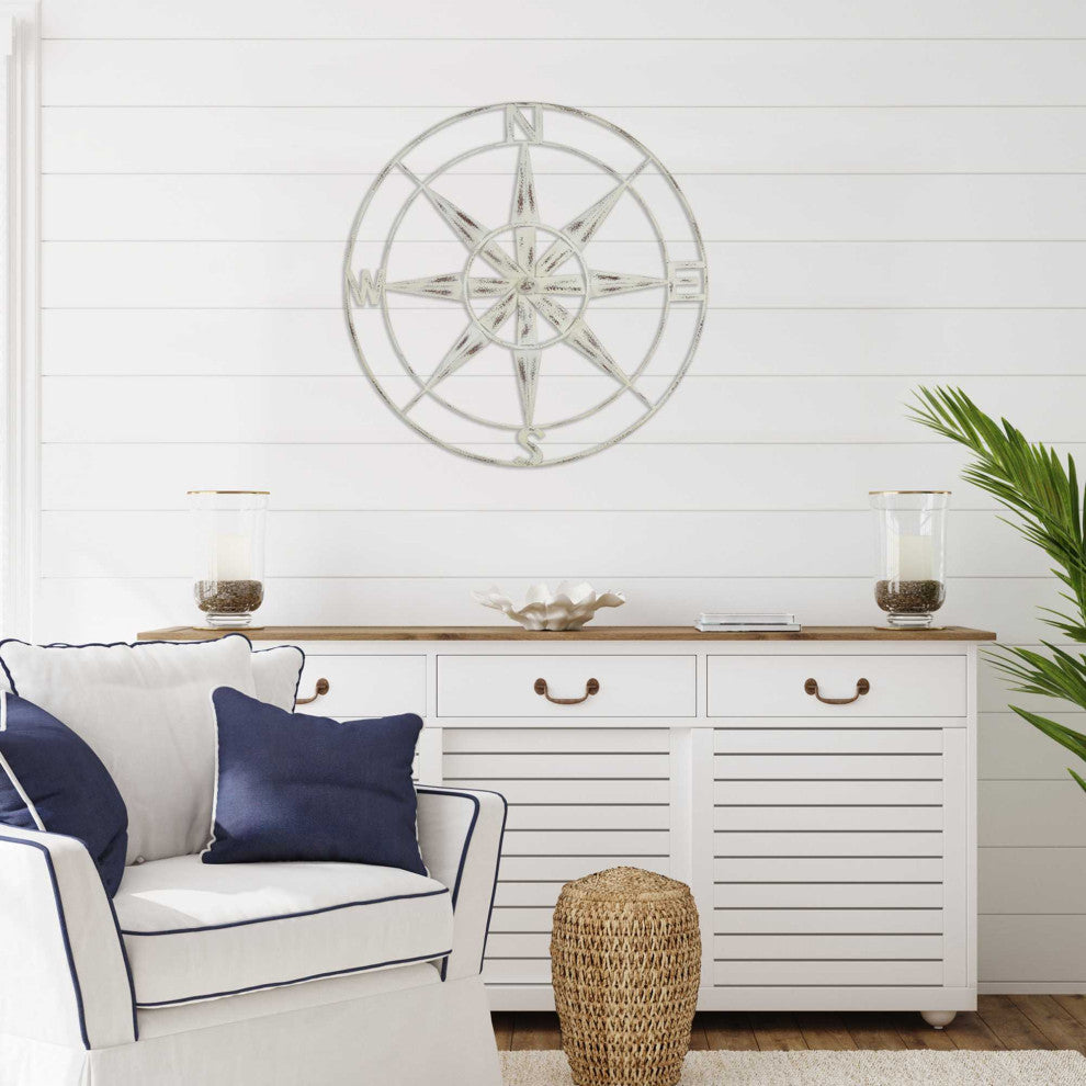 HomeRoots Nautical Compass Metal Wall Decor With Distressed White Finish