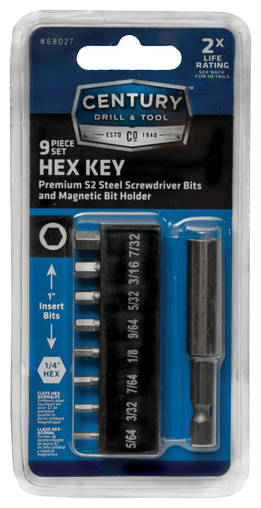 S2 Steel Hex Key Bits, 7 Piece Set