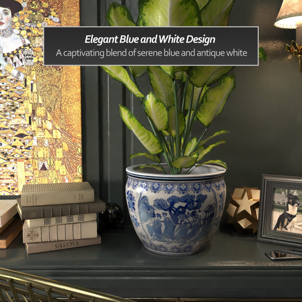 14" Ladies Blue and White Porcelain Fishbowl