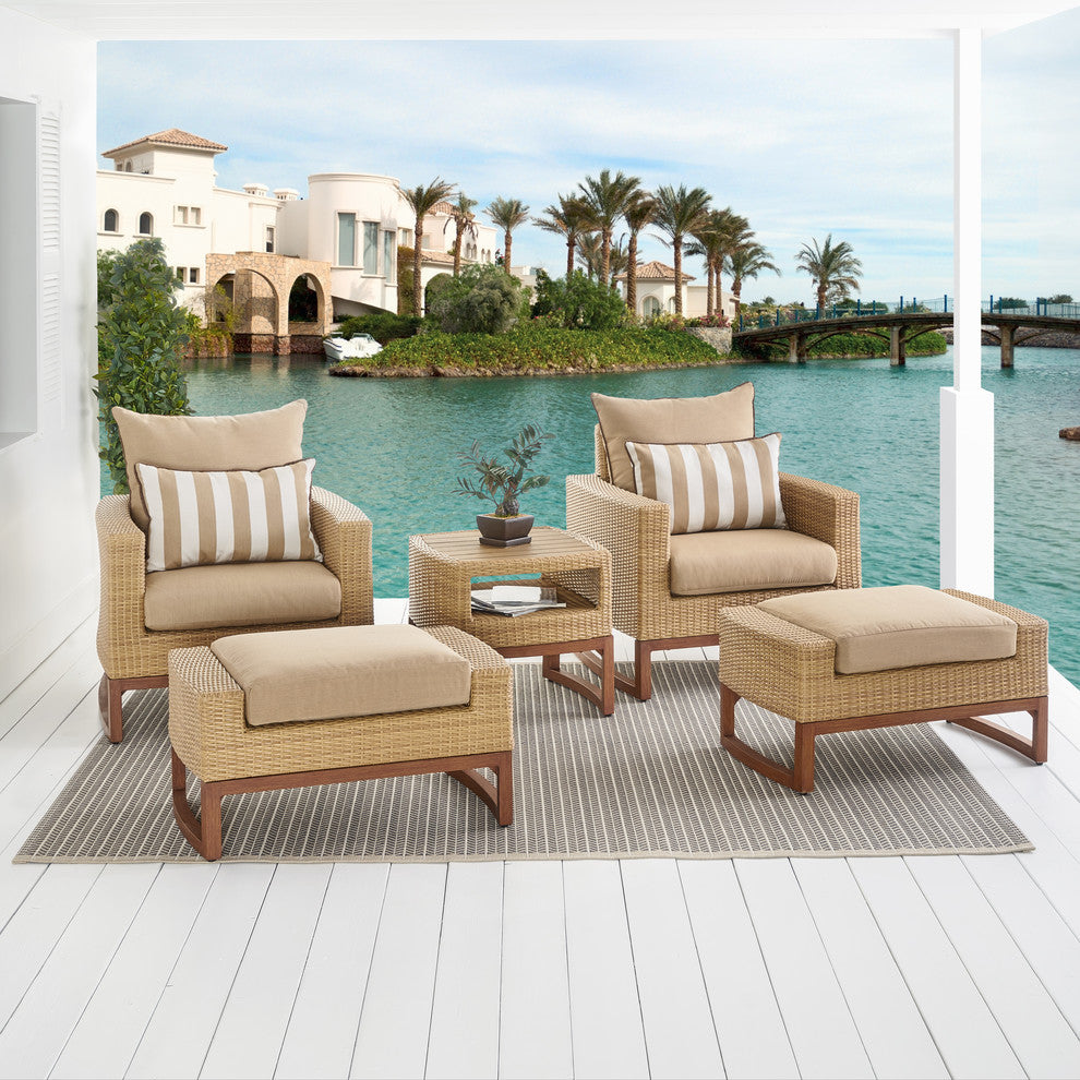 Milea 5 Piece Sunbrella Outdoor Patio Club Chair and Ottoman Set, Maxim Beige