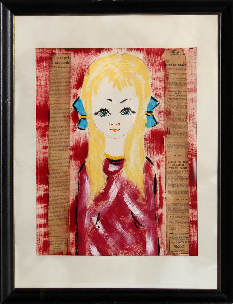 Francois "Blonde Girl With Blue Bows" Acrylic and Collage Painting