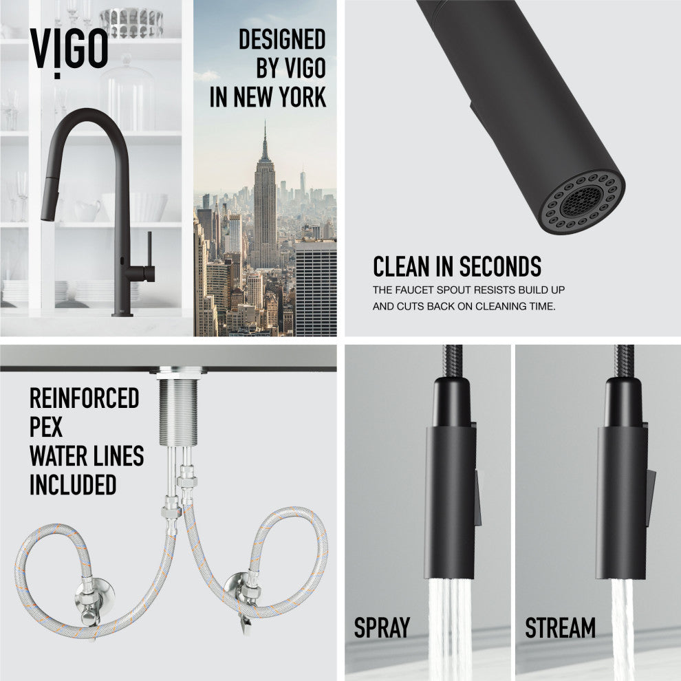 VIGO Greenwich 18" H Single Handle Pull-Down Sprayer Kitchen Faucet, Matte Black, Touchless, Without Extras