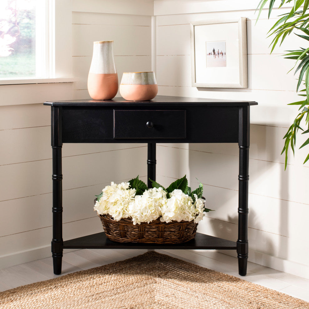 Safavieh Gomez Corner Table With Storage Drawer, Distressed Black