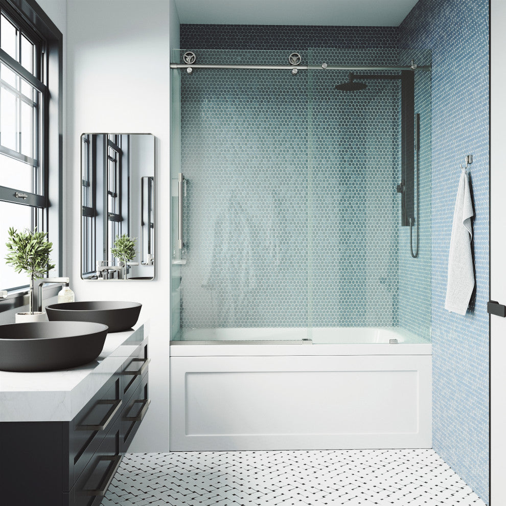 VIGO Elan Cass Aerodynamic 56" to 60" W x 66" H Frameless Sliding Tub Door, Stainless Steel, Clear Glass