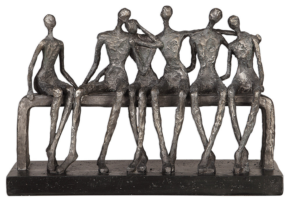 Modern Figural Friendship Sculpture Figurine | Silver Black Man Woman Friends