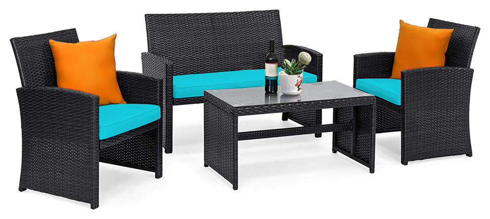 Costway 4PCS Patio Rattan Furniture Conversation Set Cushion Sofa Table Garden
