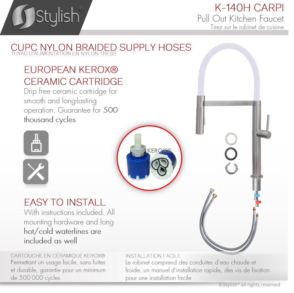 STYLISH Stainless Steel Single Handle Pull Out Dual Mode Kitchen Faucet, White