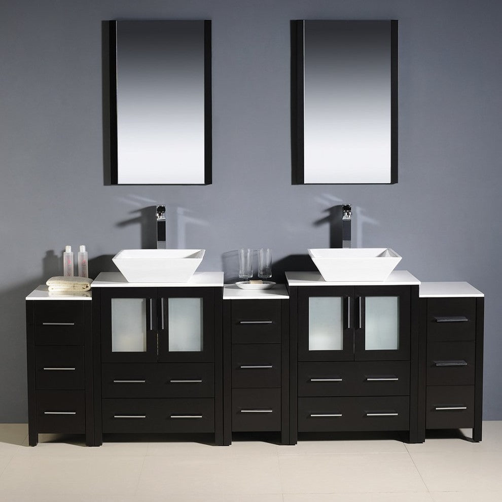 Torino 84" Espresso Modern Double Sink Bathroom Vanity, Faucet FFT1044CH