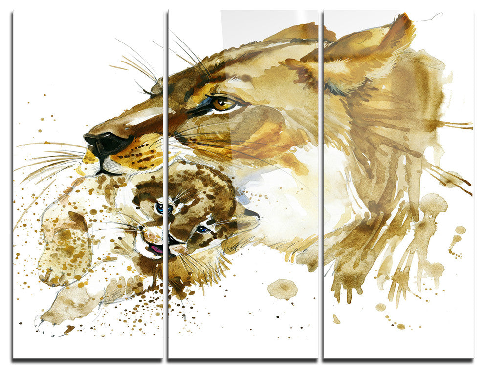 "Lioness and Cub Illustration" Glossy Metal Wall Art, 3 Panels, 36"x28"