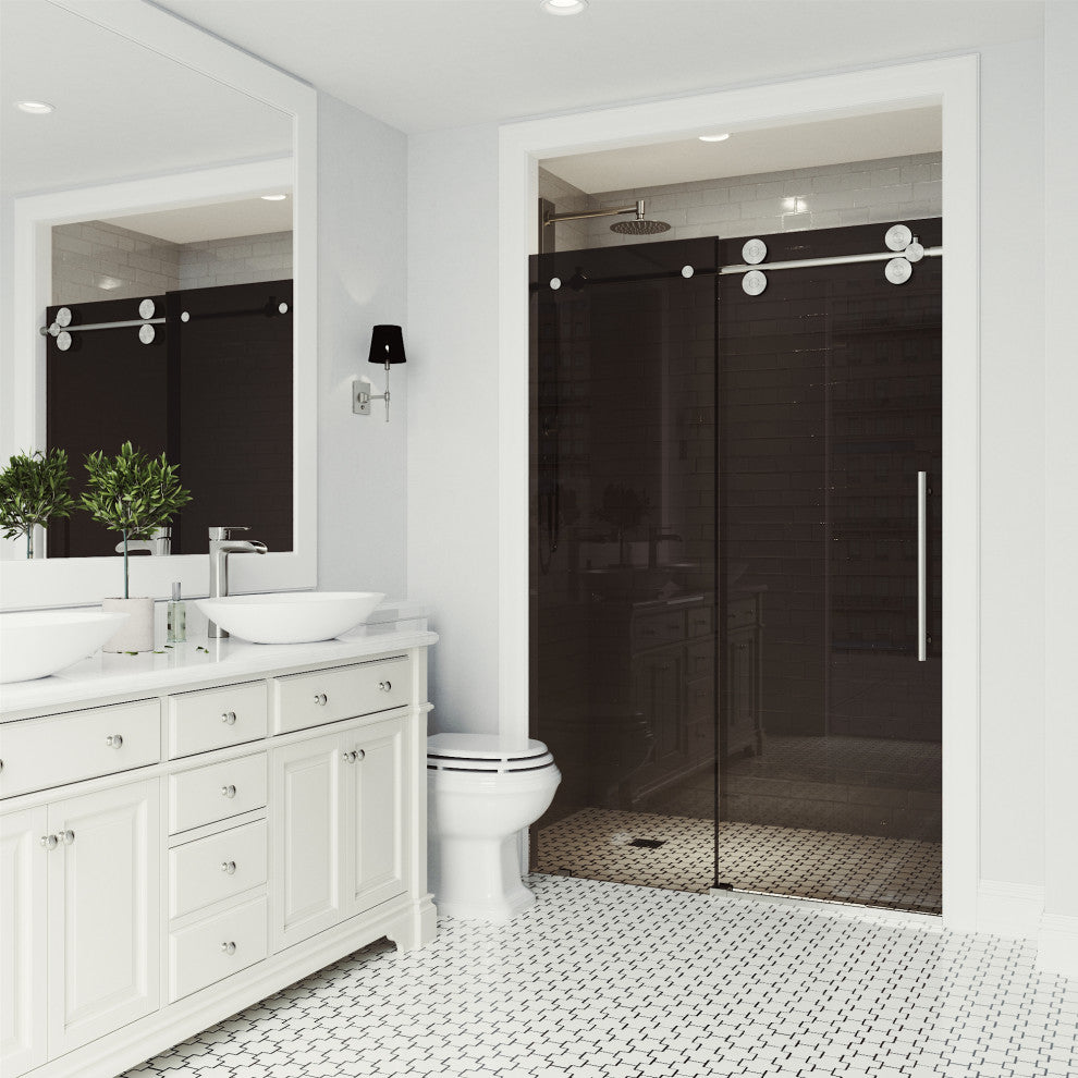 VIGO Elan 68" to 72" W x 74" H Frameless Sliding Shower Door, Stainless Steel, Black Tint Glass