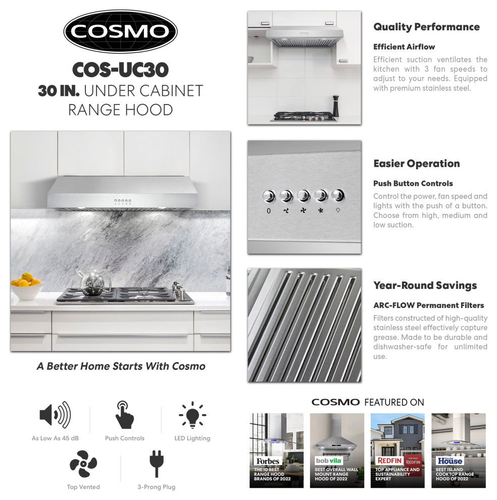 Cosmo 30" 380 CFM Under Cabinet Range Hood With Permanent Filters and LED Light