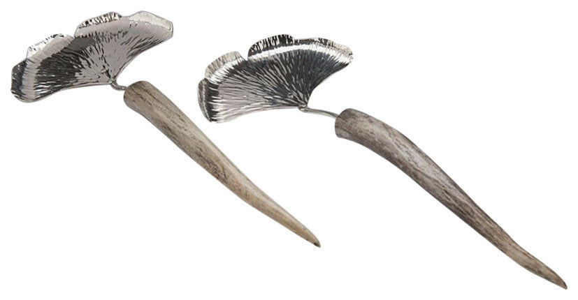 Ginkgo Small Salad Utensils, Set of 2, Silver, Antler Handle