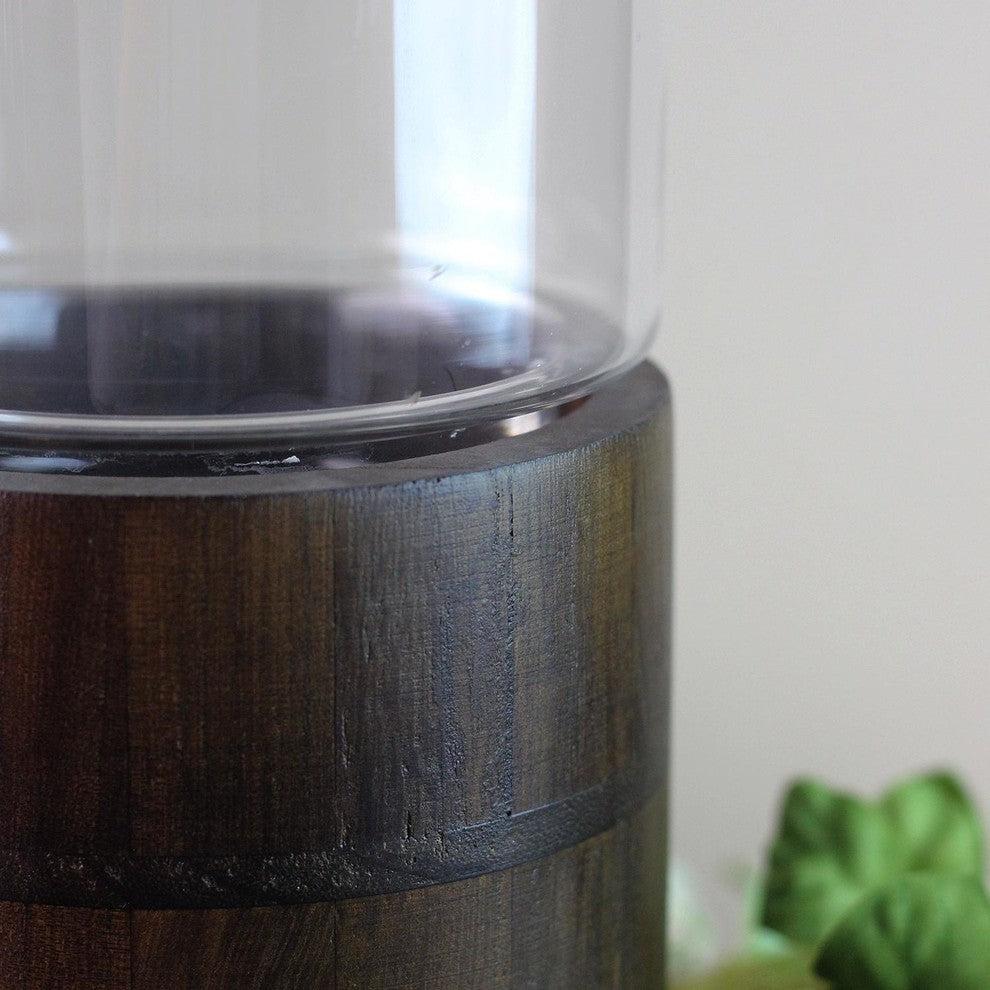 Clear Glass Hurricane Pillar Candle Holder With Wooden Base, 15.25"