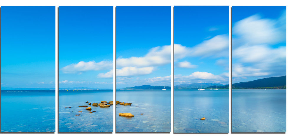"Rocks in A Blue Panoramic Sea Bay" Seashore Wall Art, 5 Panels, 60"x28"