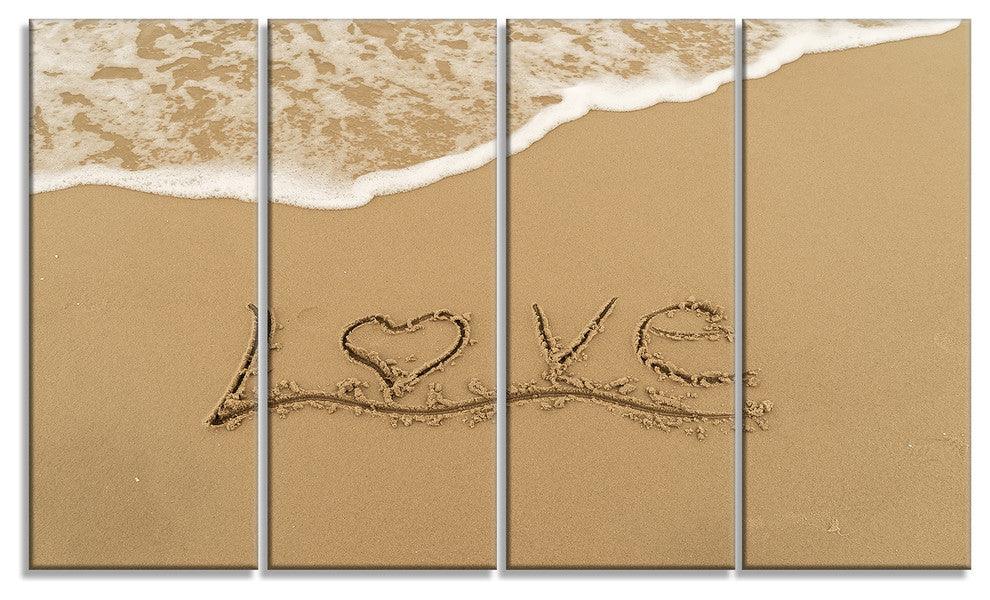 "Love Written on Sandy Seashore" Seascape Wall Art, 4 Panels, 48"x28"