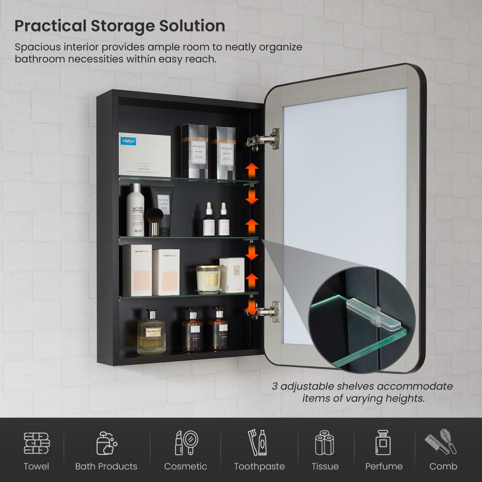 Talayuela Framed Medicine Cabinet With Mirror, Brushed Black Frame, 20"w X 32"h