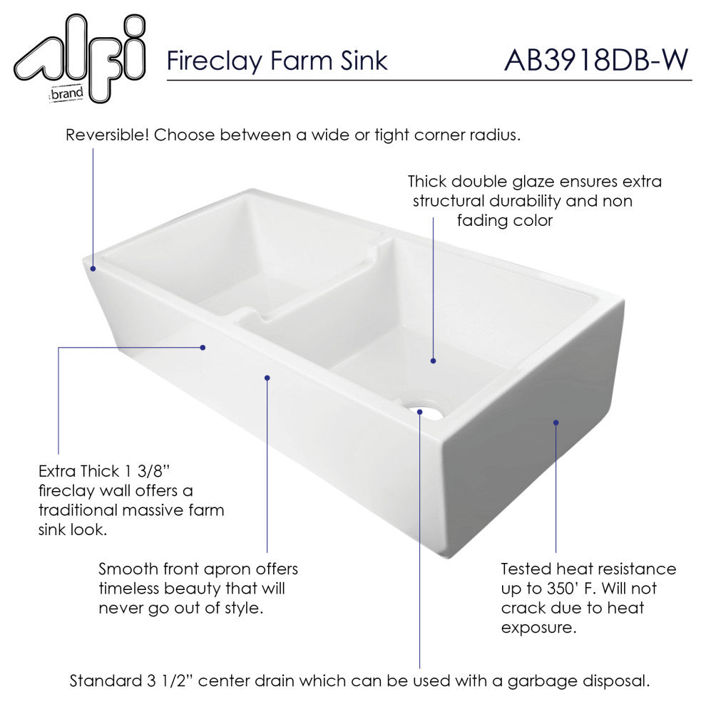 Ab3918-W 39" White Smooth Thick Wall Fireclay Double Bowl Farm Sink