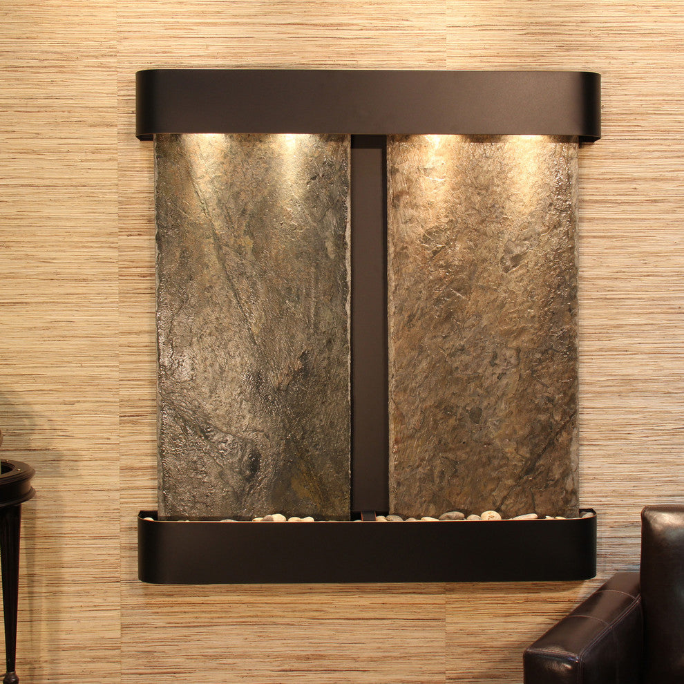 Aspen Falls Water Fountain, Natural Green Slate, Blackened Copper, Round