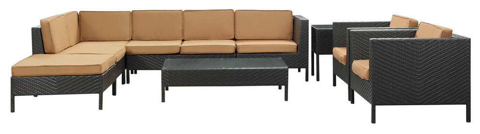 Modern Urban Outdoor Patio Rattan and Wicker Jolla 9 Pieces Sectional Set, Mocha