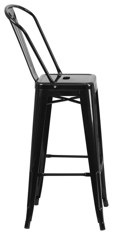30" High Black Metal Indoor-Outdoor Barstool With Back
