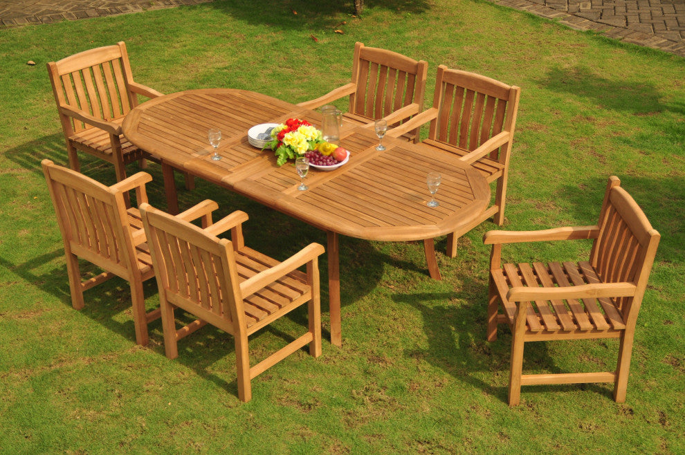 7-Piece Outdoor Teak Dining Set, 94" Extension Oval Table, 6 Devon Arm Chairs