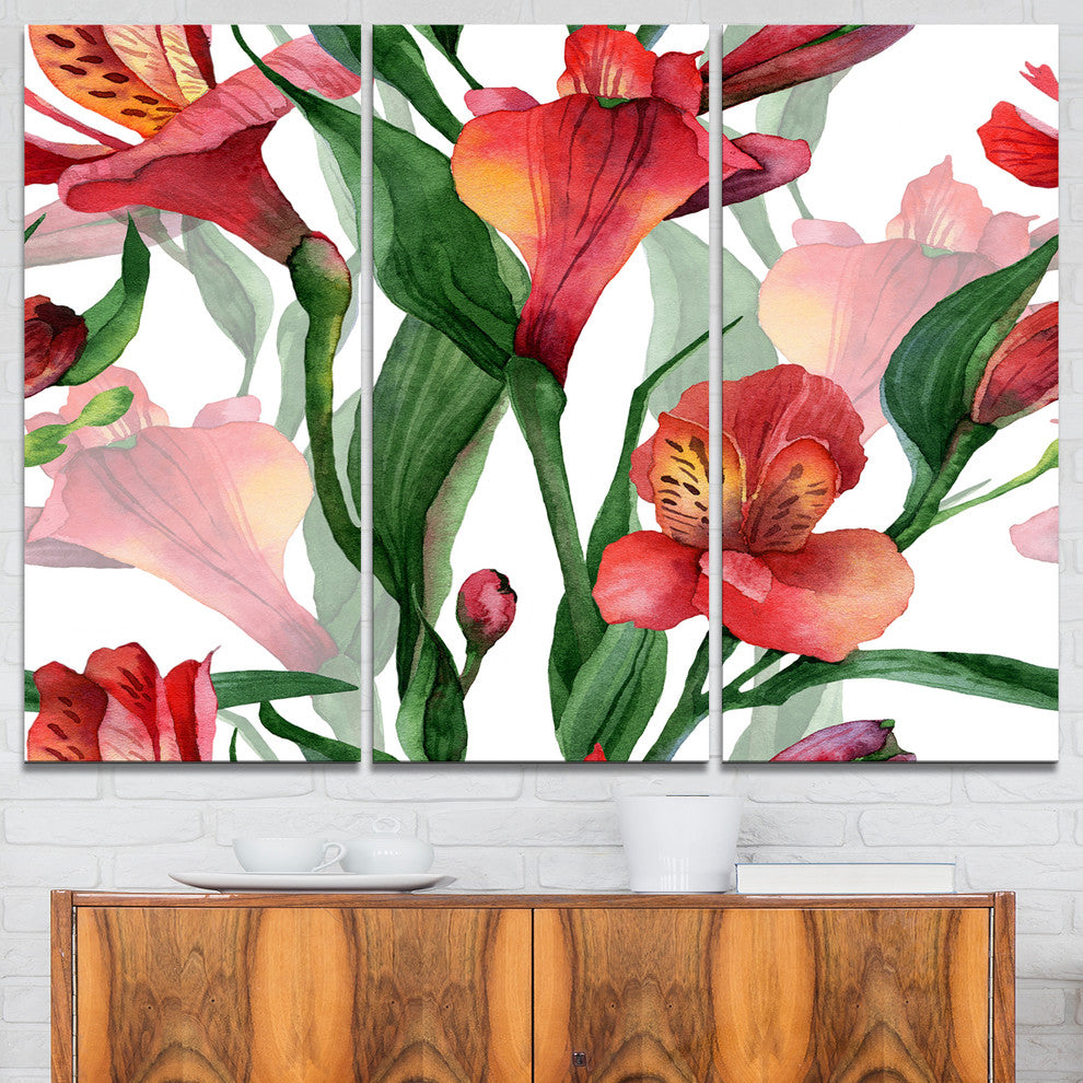 "Red Floral Pattern Art" Metal Wall Art, 3 Panels, 36"x28"