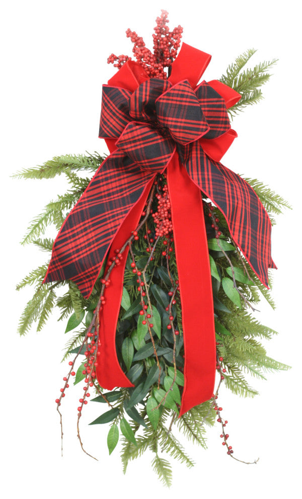Pine Swag with Berries and Buffalo Plaid Ribbon