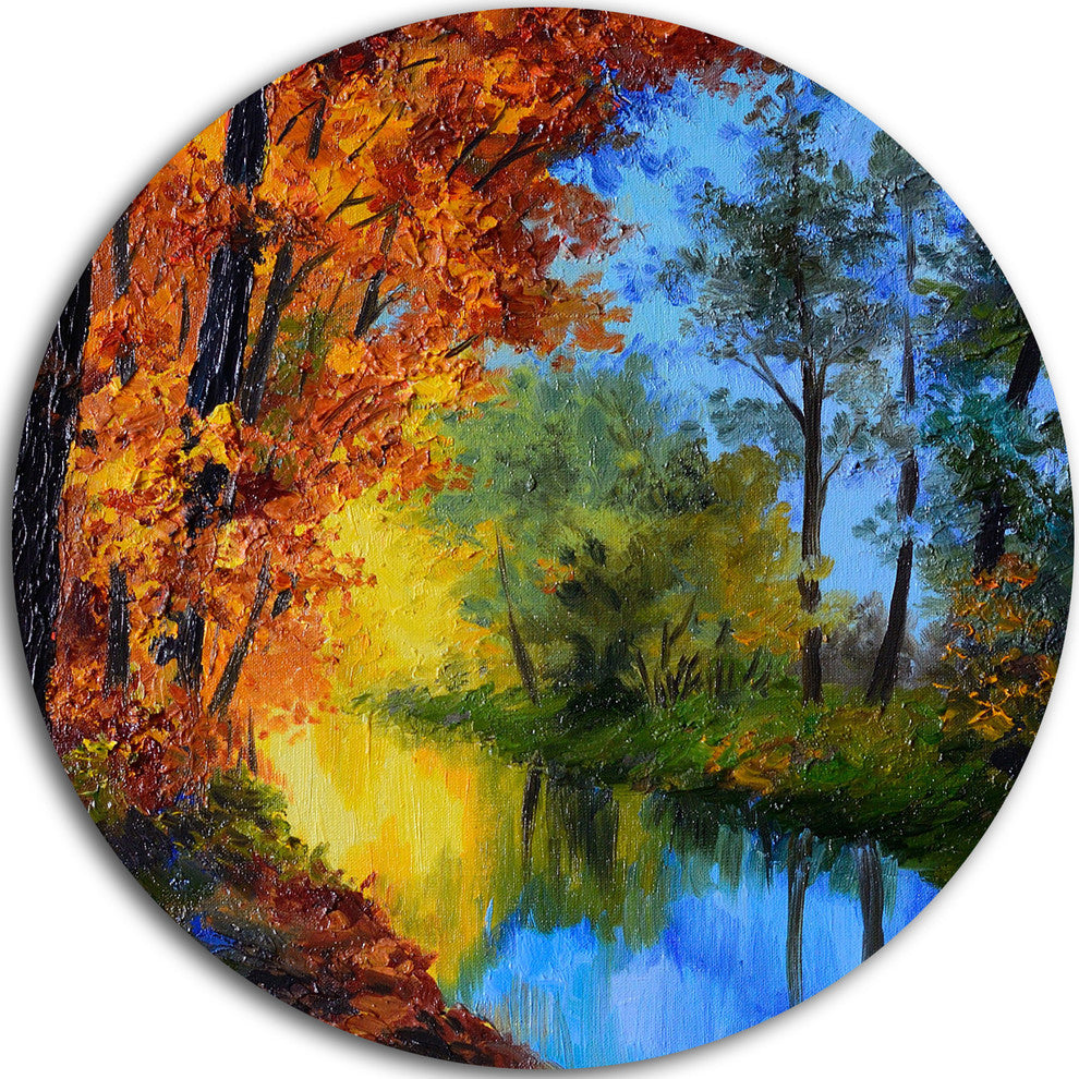 Autumn Reflecting In River, Landscape Disc Metal Wall Art, 23"