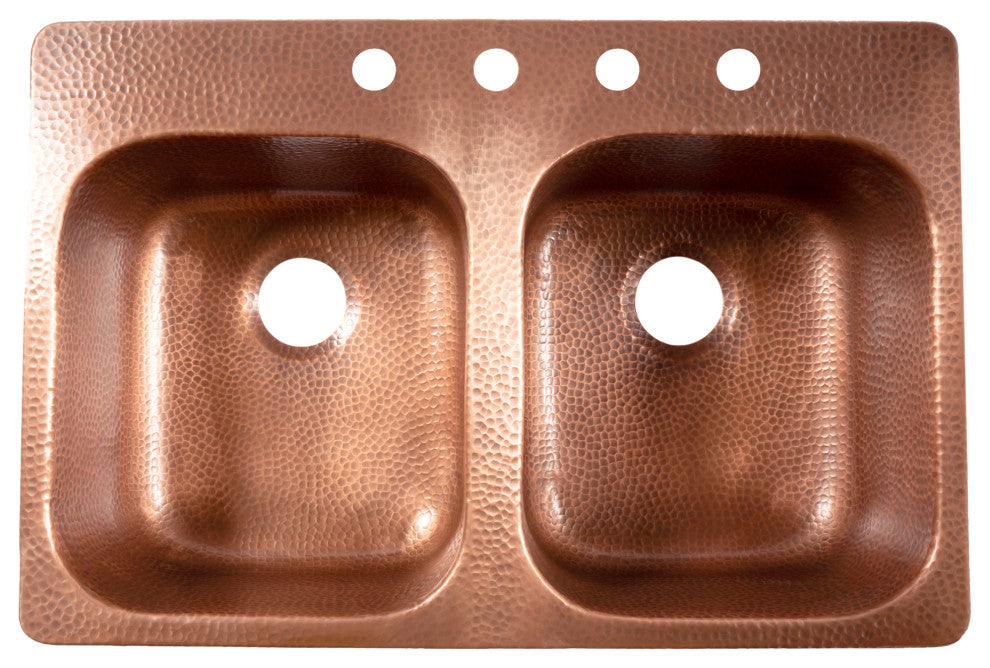 Santi 33" Drop-in Copper Double Bowl Kitchen Sink, 4-Hole Right Side