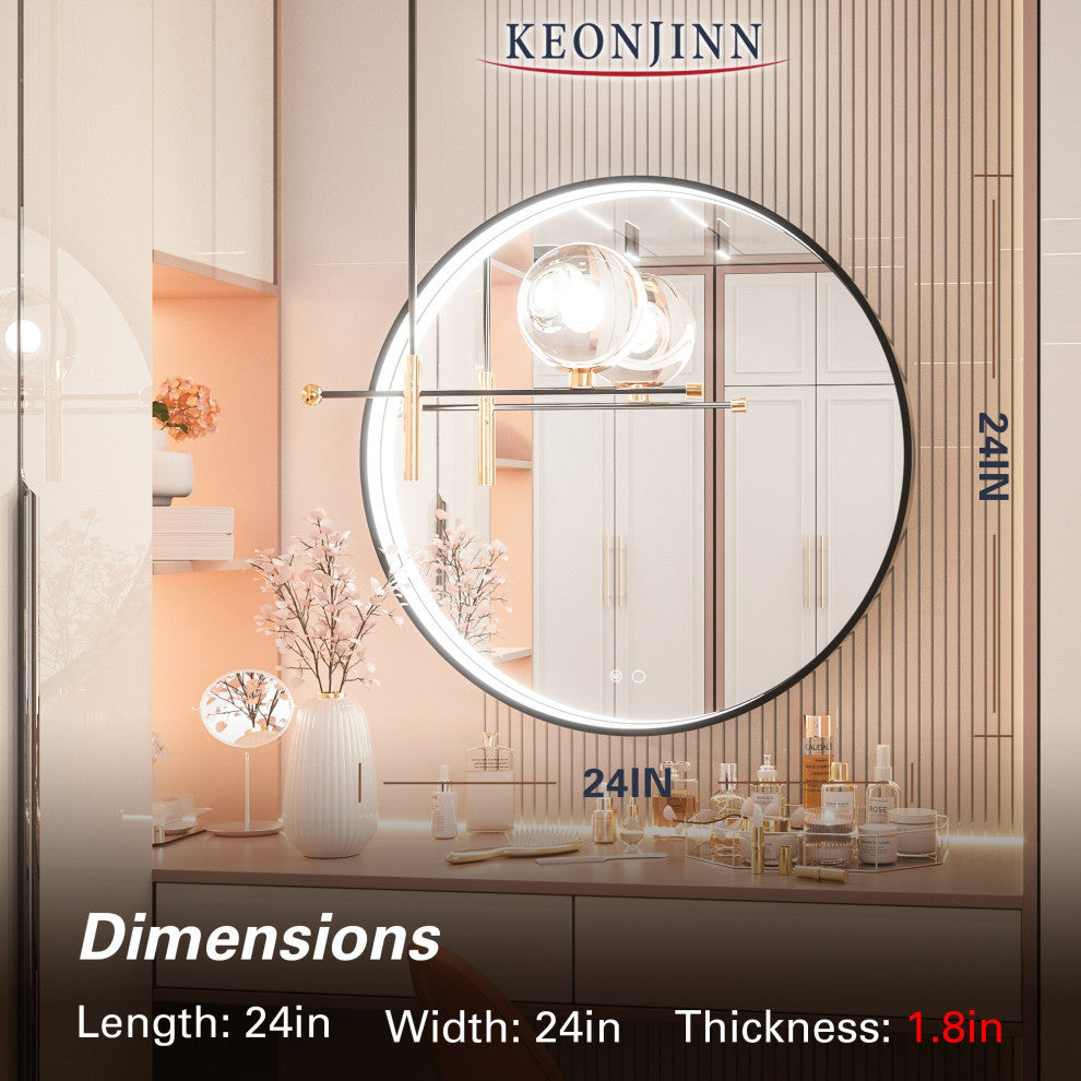 Metal Framed Round LED Vanity Mirror Anti-Fog Wall Mount Makeup Mirror, 24"