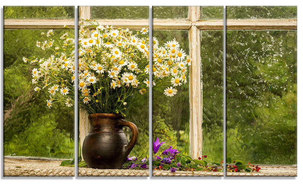 "Still Life Bouquet of Chamomiles" Modern Landscape Wall Art, 4 Panels, 48"x28"