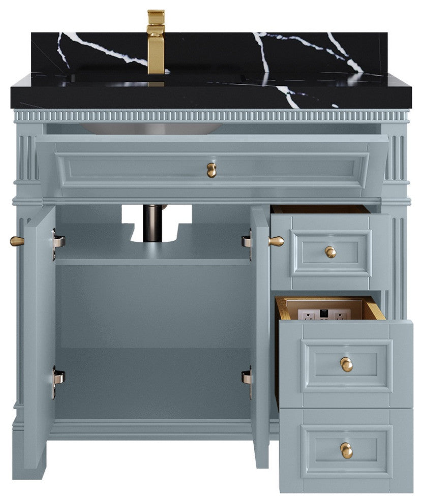 Paris 36" Left Offset Bathroom Vanity, Blue Heather 2" Calacatta Black