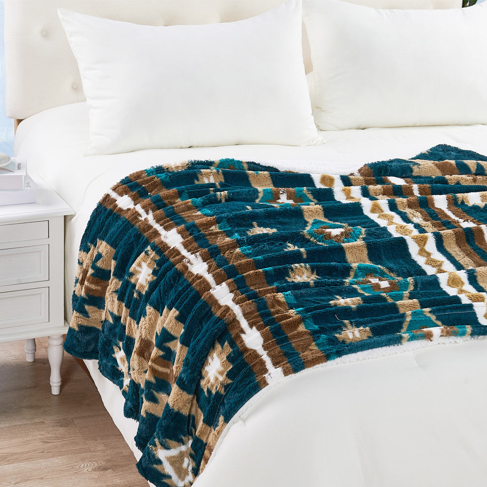 Southwest Faux Fur & Sherpa Backing Throw Blanket, Deep Teal, 60" X 80"