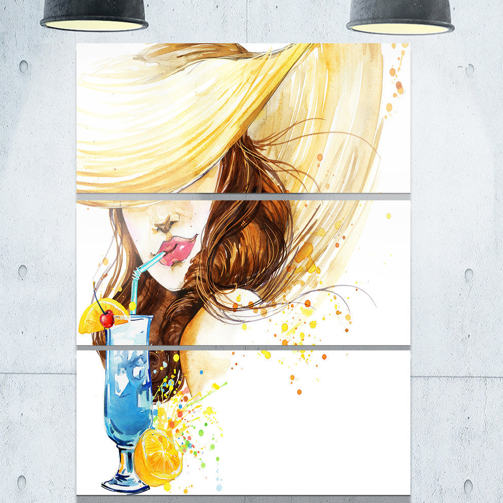 "Woman With Fruit Cocktail" Glossy Metal Wall Art, 3 Panels, 28"x36"
