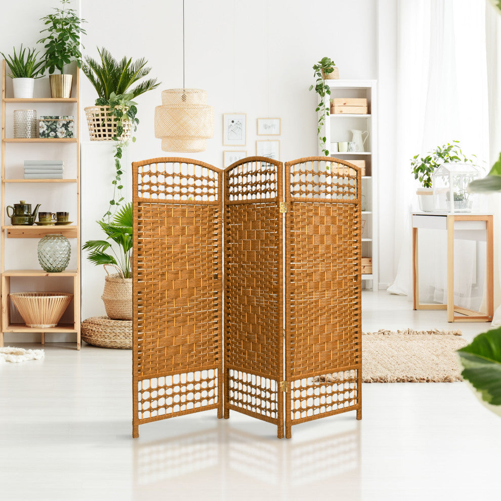 4' Tall Fiber Weave Room Divider, Light Beige, 3 Panels