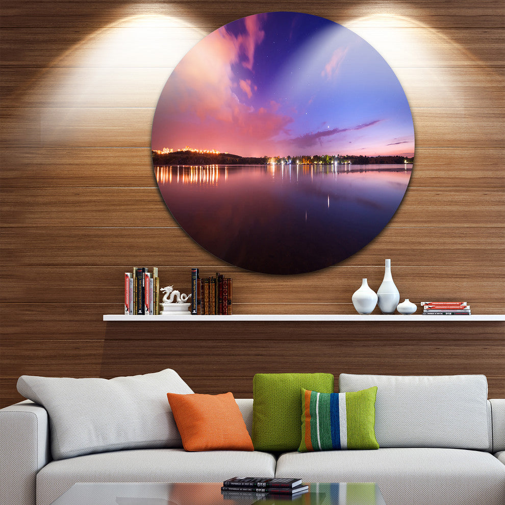 Night Sky Reflection In River, Landscape Photo Disc Metal Wall Art, 23"
