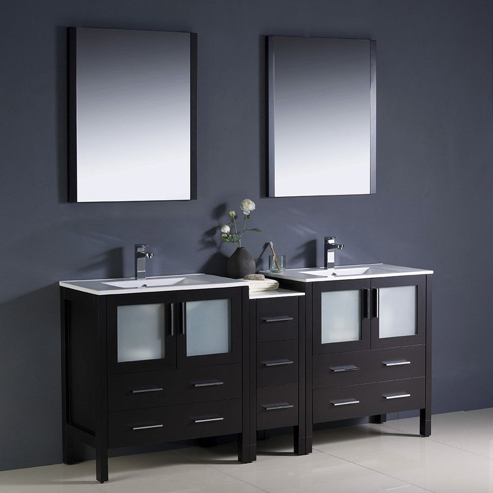 Torino 72" Espresso Modern Double Sink Bathroom Vanity, Faucet FFT3071BN