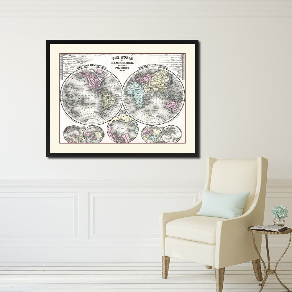 World Vintage Map Print On Canvas With Picture Frame 16" X 21"