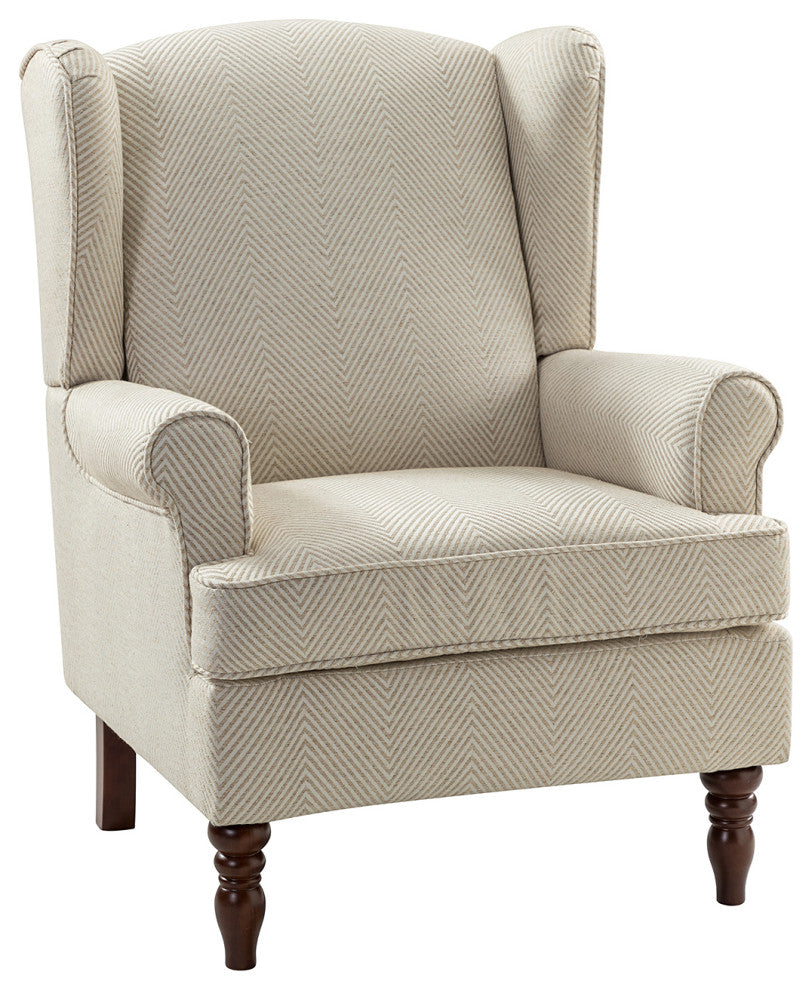 Floral Wingback Armchair with Turned Legs, Tan