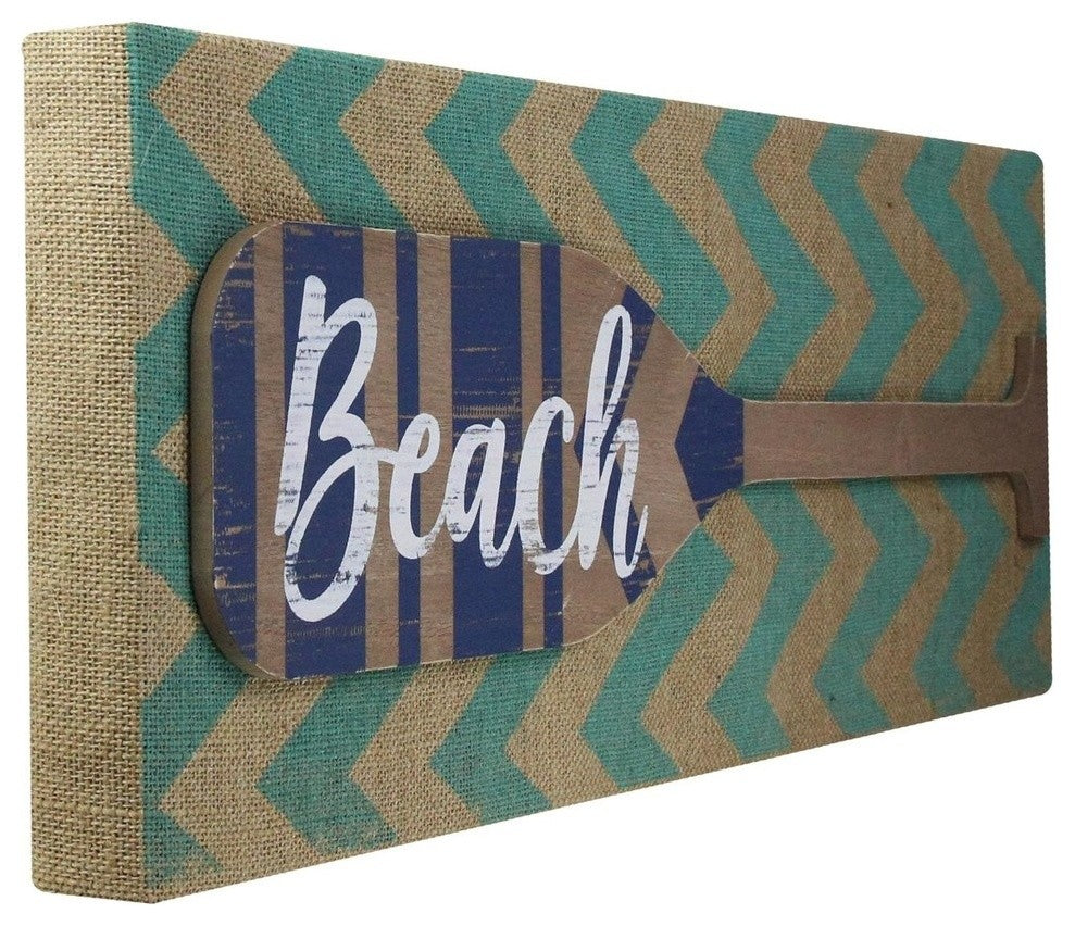 Aqua Blue Chevron Burlap With "œBeach" Wood Look Oar Linen Wall Art 24"